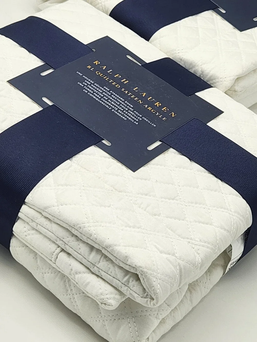 Ralph Lauren RL Quilted Sateen Argyle Standard Shams Set of 2 Studio White